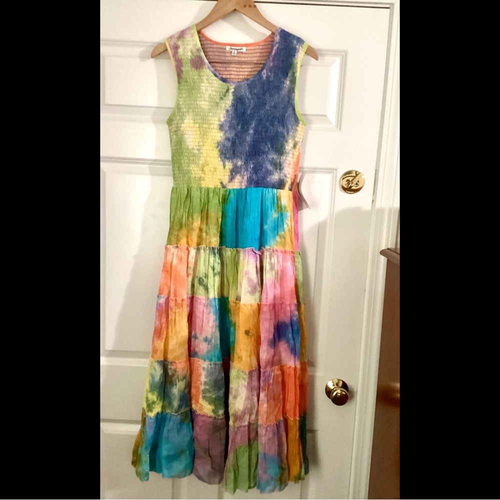 M Serengeti Rainbow Pastel Cotton Voile Lined Sun Dress Elastic Top Crushable